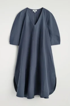 ROUNDED V-NECK COTTON MIDI DRESS