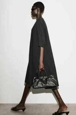 ROUNDED V-NECK COTTON MIDI DRESS