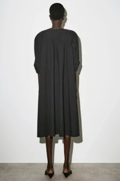 ROUNDED V-NECK COTTON MIDI DRESS