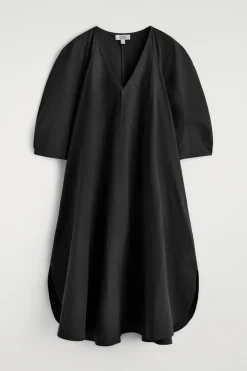 ROUNDED V-NECK COTTON MIDI DRESS