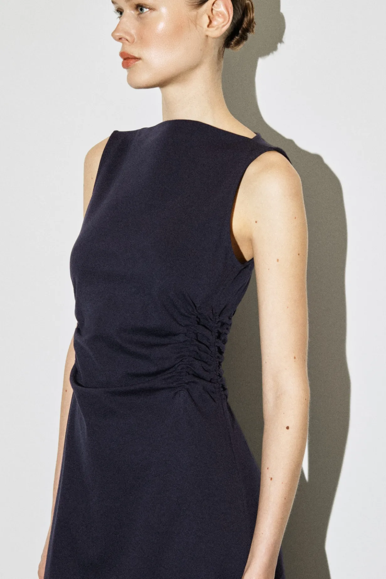 RUCHED-WAIST COTTON-JERSEY MIDI DRESS