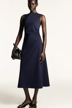 RUCHED-WAIST COTTON-JERSEY MIDI DRESS