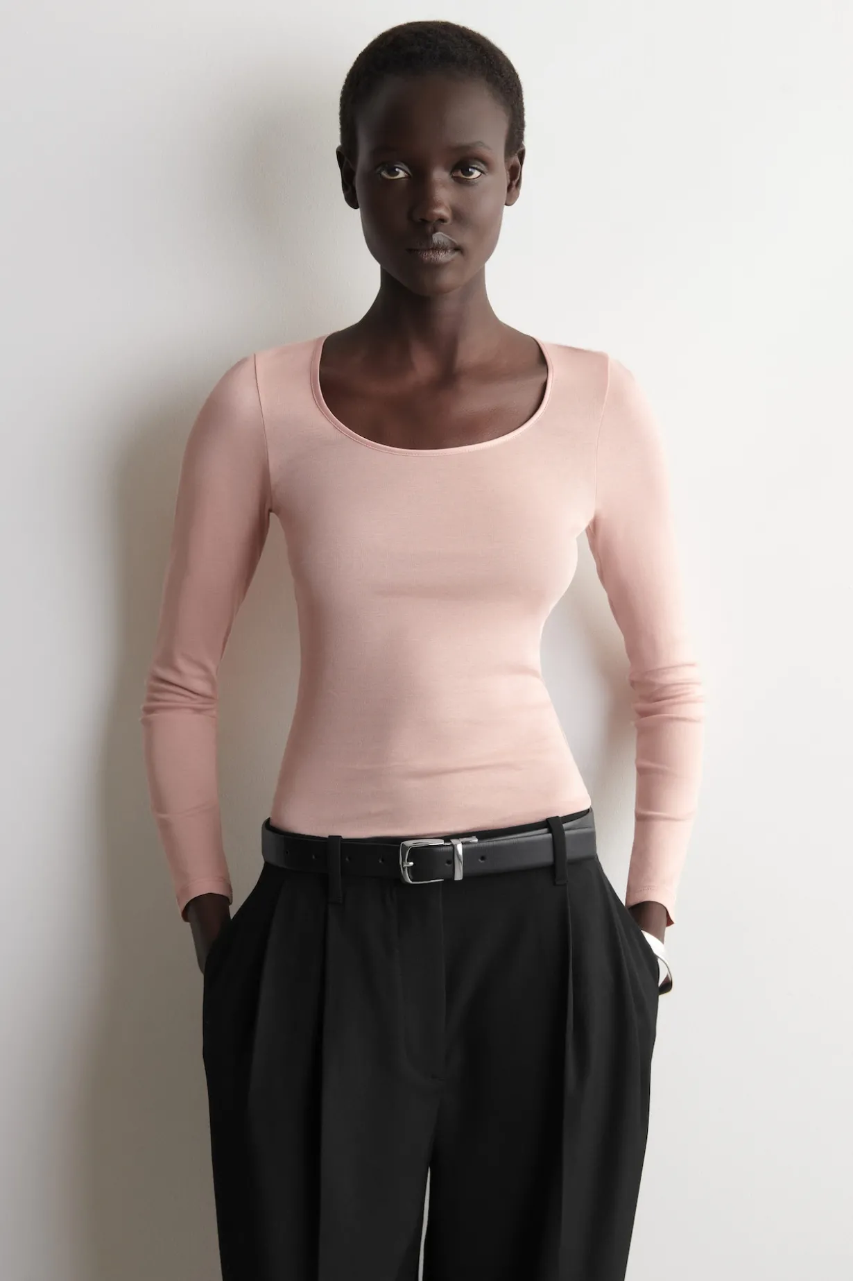 SATIN-TRIMMED COTTON JERSEY LONG-SLEEVED TOP