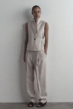 SHAWL-COLLAR BELTED LINEN VEST