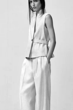 SHAWL-COLLAR BELTED LINEN VEST