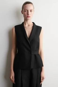 SHAWL-COLLAR BELTED LINEN-BLEND VEST