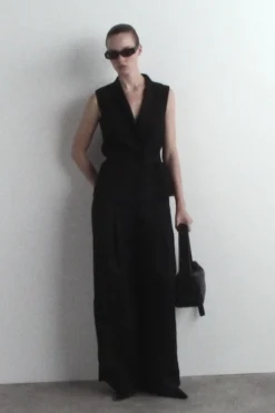 SHAWL-COLLAR BELTED LINEN-BLEND VEST