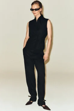 SHAWL-COLLAR BELTED LINEN-BLEND VEST