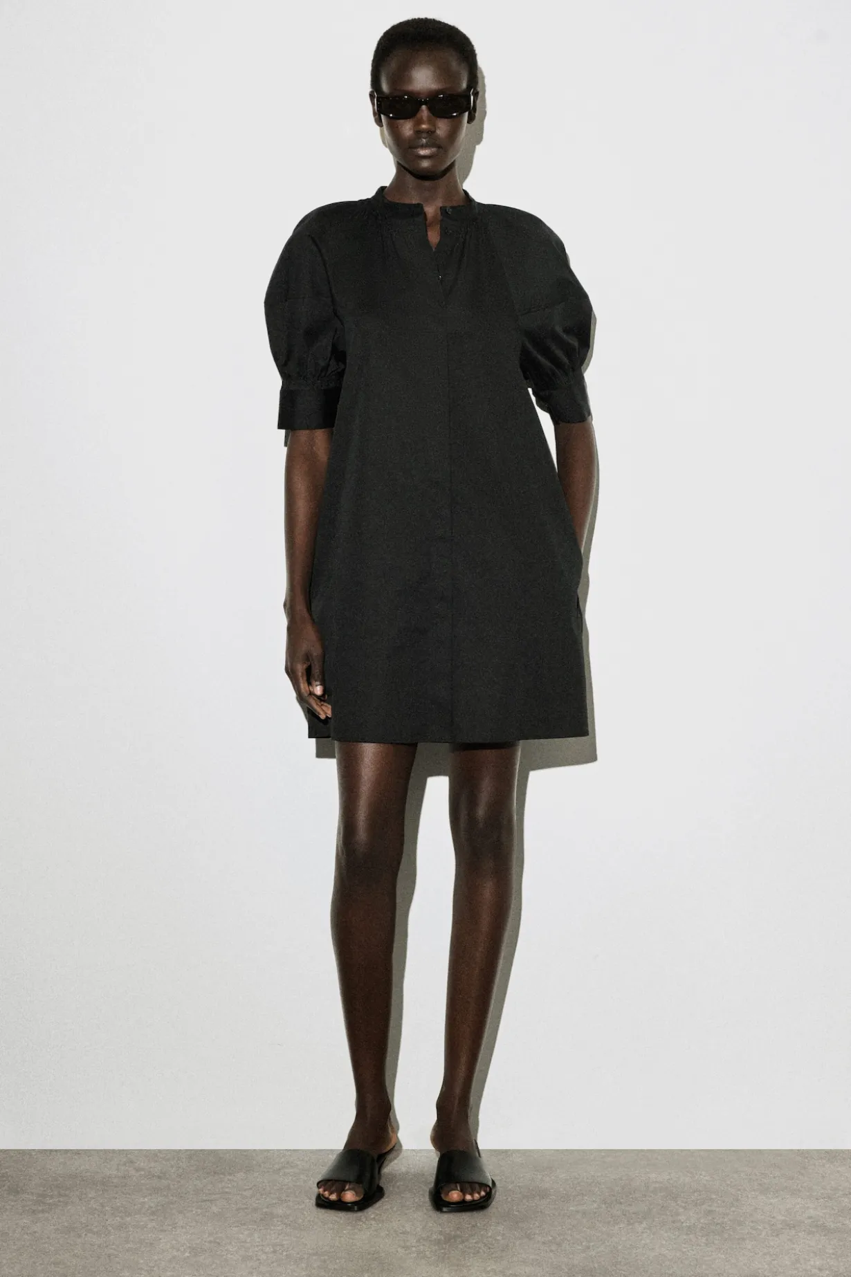 SMOCKED PUFF-SLEEVE SHIRT DRESS