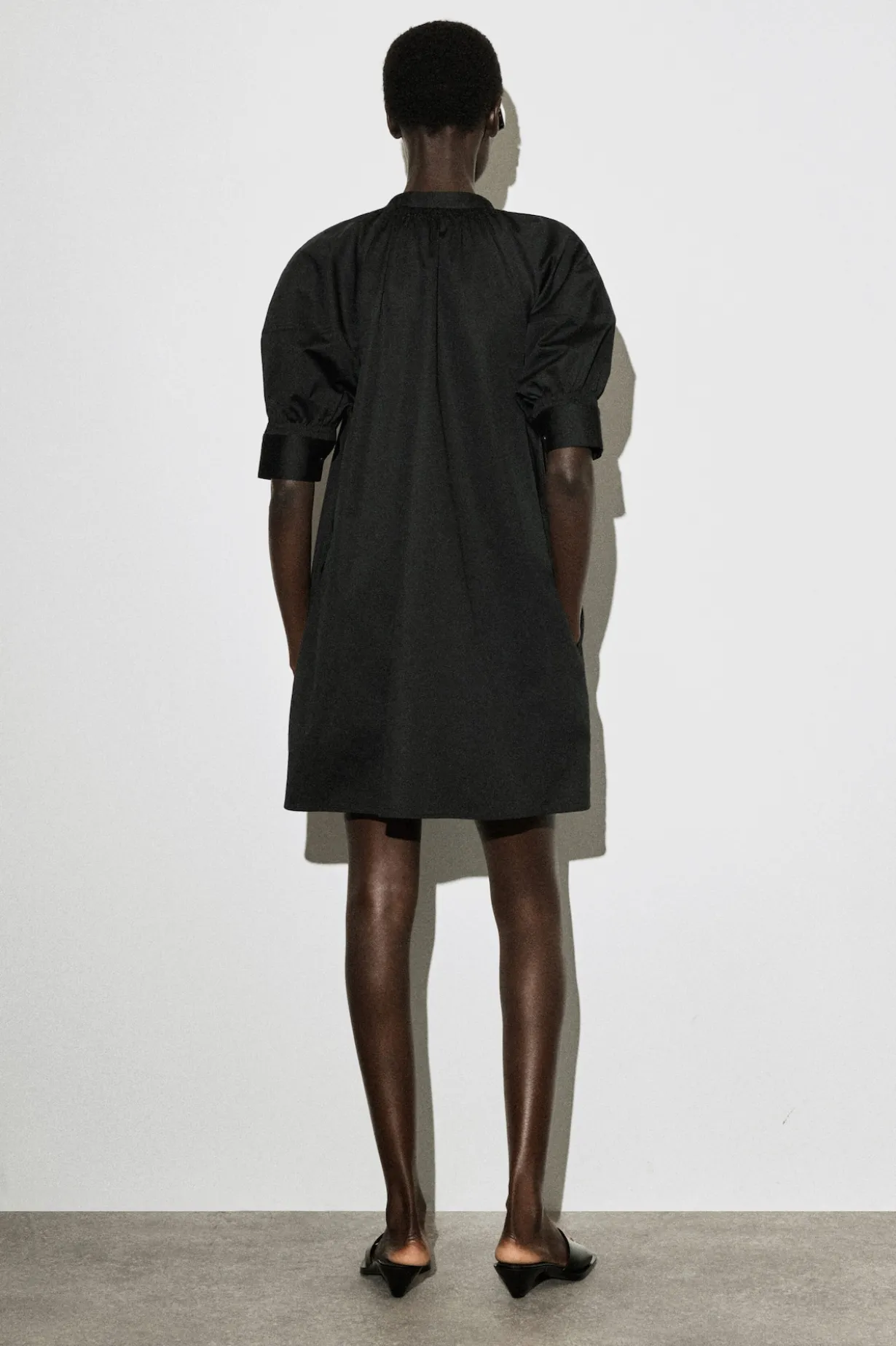 SMOCKED PUFF-SLEEVE SHIRT DRESS