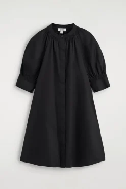 SMOCKED PUFF-SLEEVE SHIRT DRESS