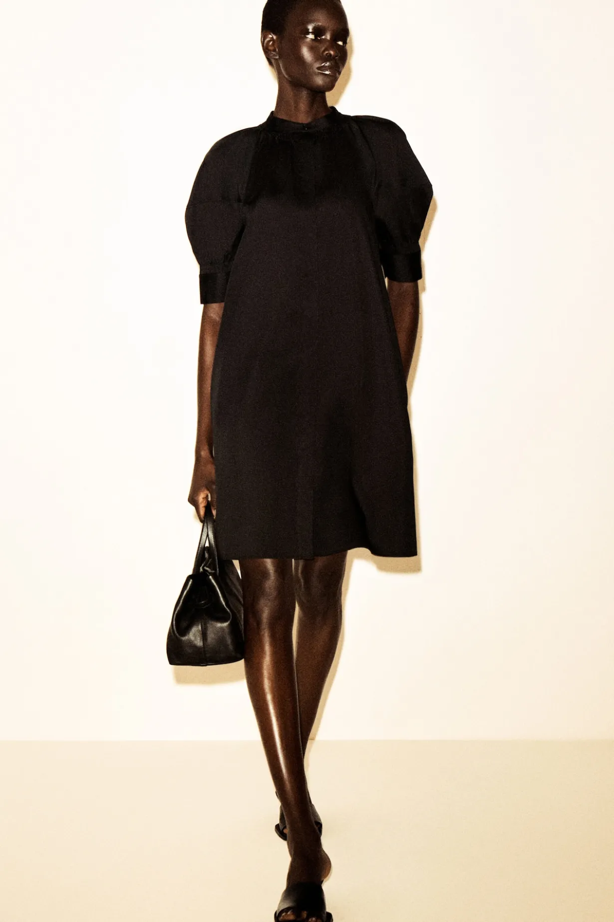 SMOCKED PUFF-SLEEVE SHIRT DRESS