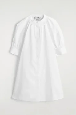 SMOCKED PUFF-SLEEVE SHIRT DRESS