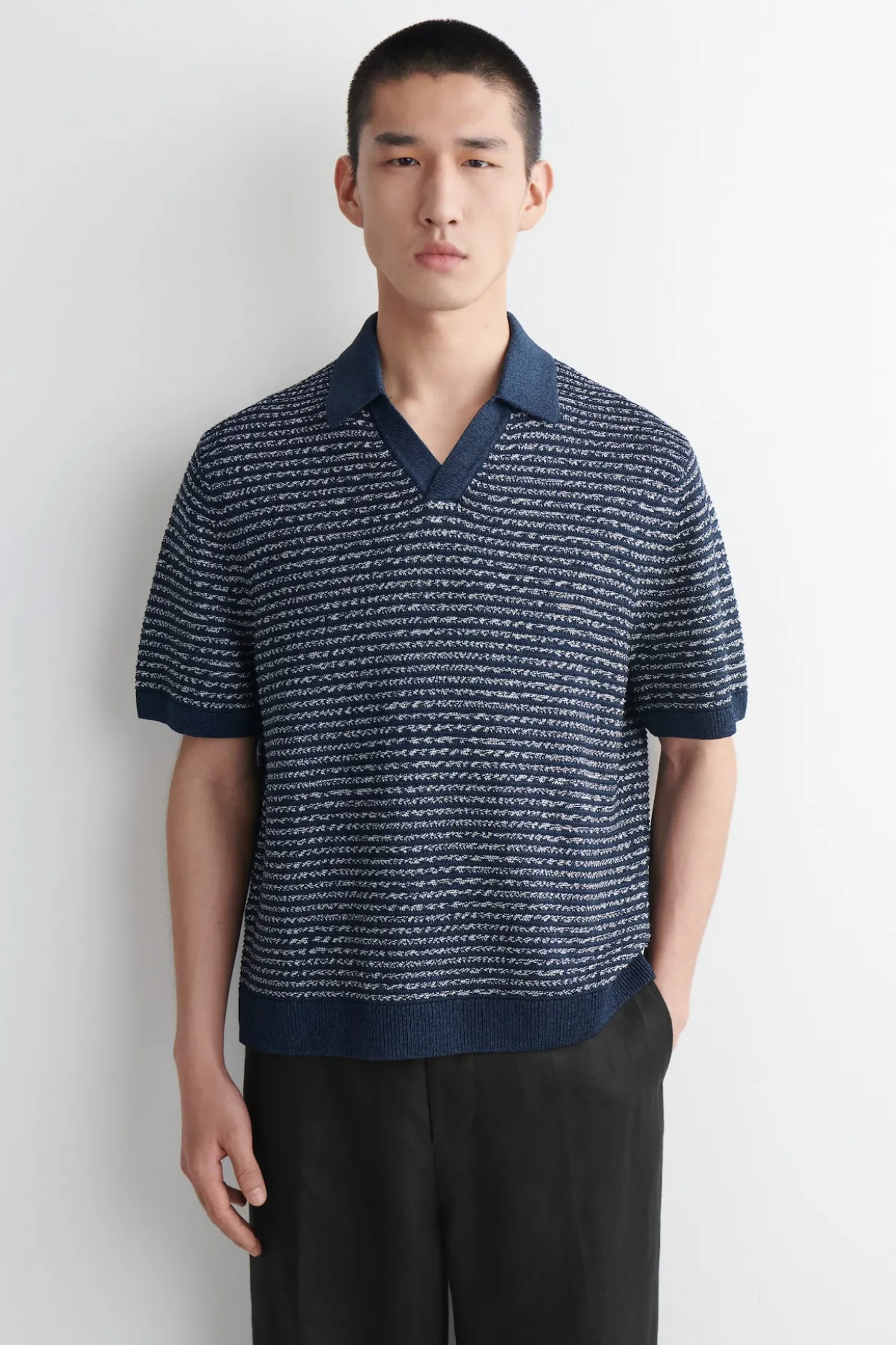 STRIPED OPEN-KNIT POLO SHIRT