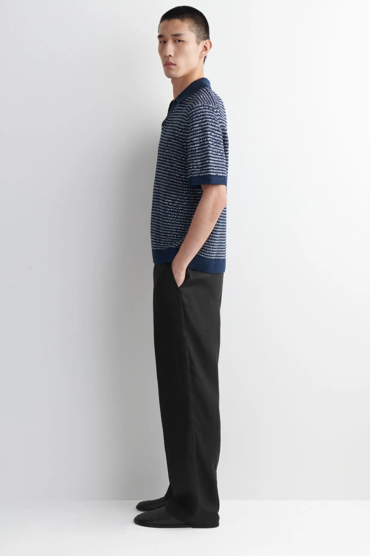 STRIPED OPEN-KNIT POLO SHIRT