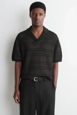 STRIPED OPEN-KNIT POLO SHIRT