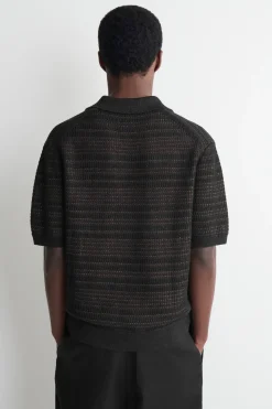 STRIPED OPEN-KNIT POLO SHIRT