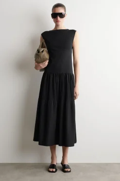 TIERED GATHERED MIDI DRESS