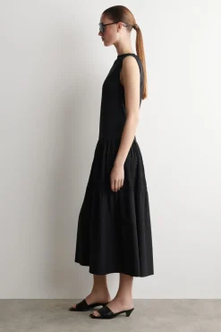 TIERED GATHERED MIDI DRESS