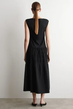 TIERED GATHERED MIDI DRESS