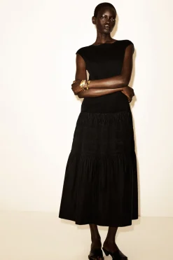 TIERED GATHERED MIDI DRESS